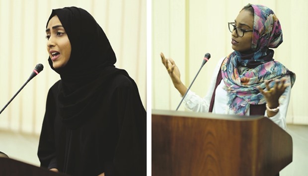 (Left) Nusayba Modak, a DELL student, speaks at the event.  (Right) Literature Club vice president student Yousra Maki.