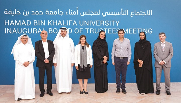 Members of the HBKU Board of Trustees with HH Sheikha Moza bint Nasser and HE Sheikha Hind bint Hamad al-Thani.
