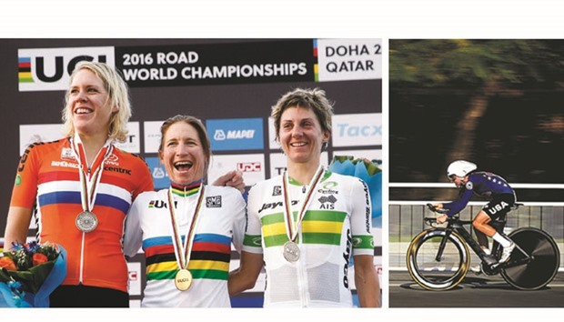 Amber Neben (centre, also right) of the United States won womenu2019s elite individual time trial ahead of Ellen van Dijk (left) of the Netherlands and Katrin Garfoot of Australia at the UCI Road World Championships Doha 2016 yesterday.