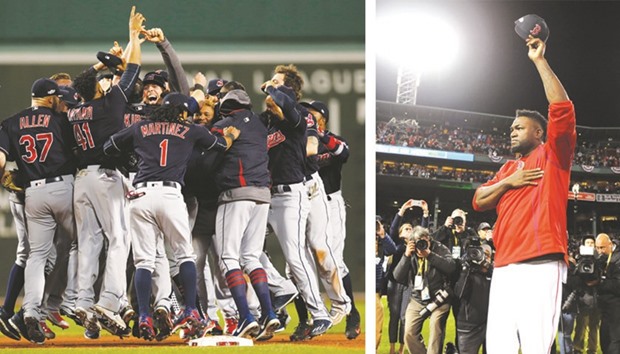 (Left) Cleveland Indians teammates celebrate after defeating the Boston Red Sox 4-3 in game three of the 2016 ALDS playoff series.   (Right) Boston Red Sox designated hitter David Ortiz (34) salutes the fans after the loss against the Cleveland Indians in game three of the 2016 ALDS playoff series.