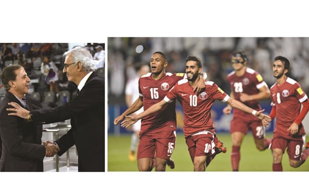 (Left photo) Qataru2019s coach Jorge Fossati (right) and his Syrian counterpart Ayman al-Hakeem greet each other before the start of the match.   (Right photo) Qataru2019s Hassan al-Haydos (centre) celebrates with teammates after scoring a goal during the 2018 Russia World Cup qualifying match against Syria at the Al Sadd stadium last night.