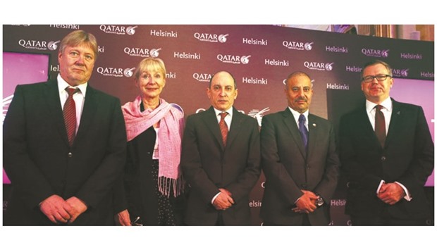 VIP guests at the press conference in Helsinki included Qataru2019s ambassador to Finland Saoud Abdulla Z al-Mahmoud (second from right) and Finlandu2019s ambassador to Qatar Riitta Swan (second from left). They were welcomed by Qatar Airways Group chief executive Akbar al-Baker (centre), Qatar Airwaysu2019 senior vice-president (Europe) Jonathan Harding (right) and Finavia president and CEO Kari Savolainen.