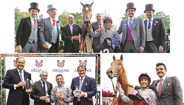 Al Shaqab Racing owner HE Sheikh Joaan bin Hamad al-Thani (second from right) and general manager Khalifa al-Attiyah (right) celebrate Qemahu2019s win in the Coronation Stakes at Royal Ascot with trainer Jean-Claude Rouget (second from left) and jockey Gregory Benoist. (BELOW LEFT) Al Shaqab racing manager Harry Herbert (left) with jockey Frankie Dettori and trainer Richard Hannon (right) at the presentation ceremony for The Arqana July Stakes, won by Mehmas at Newmarket on July 7. (BELOW RIGHT) HE Sheikh Joaan and jockey Dettori with Galileo Gold, winner of The Qatar Vintage Stakes at Goodwood on July 28. (Pictures: Racingfotos.com)