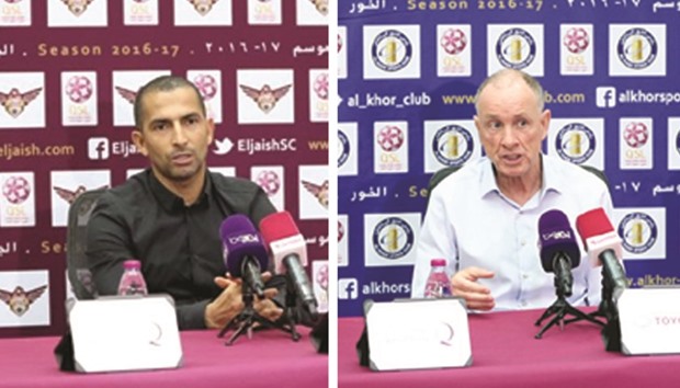 El Jaish coach Sabri Lamouchi (left) and Al Khor coach Jean Fernandez  during the pre-match press conference yesterday.