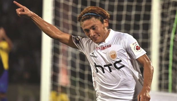 Northeast United FCu2019s midfielder Katsumi Yusa celebrates after scoring a goal during the Indian Super League (ISL) match against Kerala Blasters FC at the Indira Gandhi Athletic Stadium in Guwahati yesterday. (AFP)