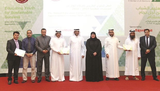 Some of the honourees during Injaz Qataru2019s ninth appreciation event for its partners in the education sector.