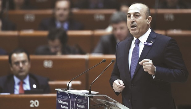 Turkish Foreign Minister Mevlut Cavusoglu speaks at the Parliamentary Assembly of the Council of Europe, in Strasbourg, yesterday.