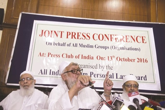 Jamiat Ulema-e-Hind president Maulana Syed Arshad Madani (centre) and All India Muslim Personal Law Board (AIMPLB) general secretary Maulana Wali Rahmani (right) speak at a press conference in New Delhi yesterday.