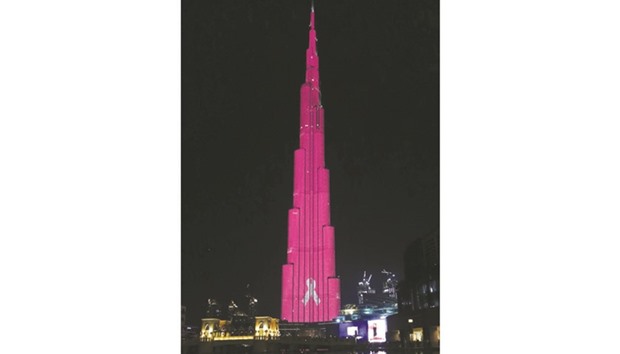A view of the lit-up-in-pink Burj Khalifa to raise awareness and funds to fight breast cancer.