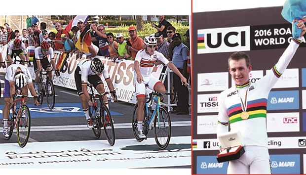 Norwayu2019s Kristoffer Halvorsen (right) crosses the finish line ahead of Pascal Ackermann (centre) of Germany and Jakub Mareczko of Italy to win the menu2019s Under-23 road race at the UCI Road World Cycling Championships yesterday. (Right photo) Norwayu2019s Kristoffer Halvorsen