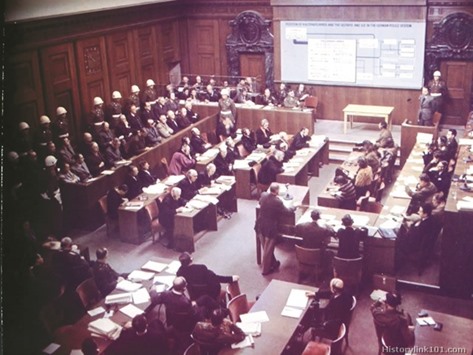 A session of the war crimes trials of high-ranking Nazi leaders conducted by the International Military Tribunal at the Palace of Justice, Nuernburg, Germany. PICTURE:  The World War II Picture section of Historylink101.com