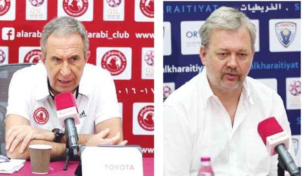 Kharaitiyat coach Amar Osim (left) and Arabi coach Gerardo Pelusso.