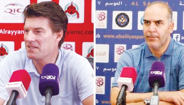 Al Rayyanu2019s new coach  Michael Laudrup (left) and Al sailiya coach Sami Trabelsi during their pre-match press conferences.