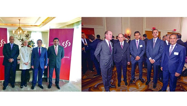 Commercial Bank CEO Joseph Abraham with his senior executive management team on the sidelines of the u20182016 Annual Meetingsu2019 of the IMF, and the IIF, in Washington DC recently. Right: Abraham with Qatar Airways Group CEO Akbar al-Baker, QIIB chairman and managing director Sheikh Dr Khalid bin Thani al-Thani and CEO Abdulbasit A al-Shaibei in Washington DC.