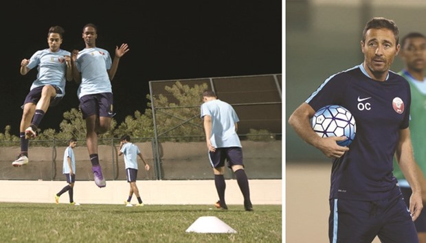 (Left) Qatar U19 team during a training session yesterday.  (Right) Qatar U19 coach Oscar Cano.