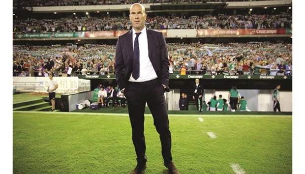 Real Madridu2019s coach Zinedine Zidane reacts during his teamu2019s La Liga match against Real Betis at the Benito Villamarin stadium in Seville.