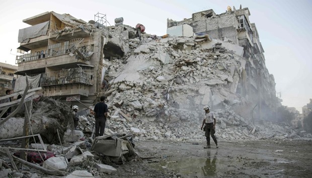 destroyed building following reported air strikes in Aleppo