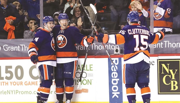 New York Islanders right wing Josh Bailey (left) celebrates scoring the game winning goal in overtime against the Anaheim Ducks at Barclays Center. New York Islanders won 3-2 in overtime. PICTURE: USA TODAY Sports