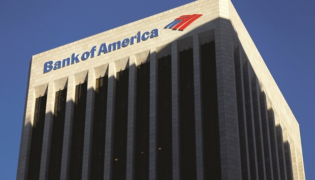 The Bank of America building is seen in Los Angeles. The second-largest US bank by assets reported its first profit increase in three quarters yesterday, foiling expectations for another drop, as bond trading surged and expenses fell.