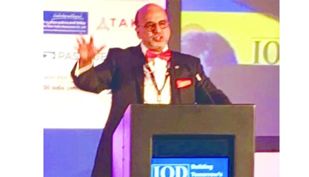 Seetharaman gestures while delivering a special address before participants of the u201816th London Global Convention on Corporate Governance Sustainability Global Business Meetu2019 hosted by the Institute of Directors, India.