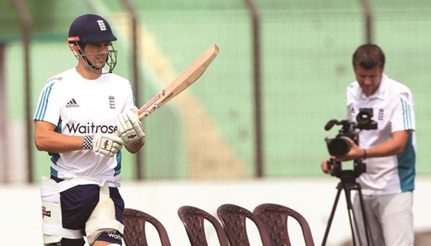 England captain Alastair Cook takes part in a practice session at MA Aziz Stadium in Chittagong yesterday. (AFP)
