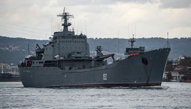 Russian Tapir class landing warship BSF Nikolay Filchenkov 152 passes the Bosphorus Strait off Istanbul on October 18, 2016, believed to be on its way to the Syrian port city of Tartus.
