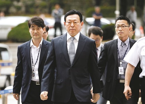 Lotte Group chairman Shin Dong-bin arrives at a court in Seoul. South Korean prosecutors yesterday indicted Shin for alleged embezzlement and breach of fiduciary duty, escalating the crisis at the retail giant, after investigators conducted one of the countryu2019s biggest corruption probes in years.