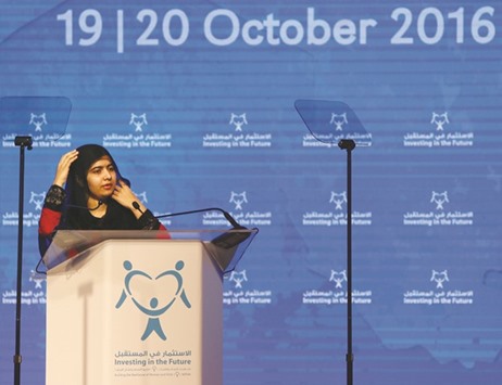 Pakistani activist for female education and Nobel Peace Prize laureate, Malala Yousafzai, delivers a speech during a conference entitled u201cInvesting in The Future: Building the resilience of women and girls in the Arab regionu201d yesterday in the United Arab Emirate of Sharjah.