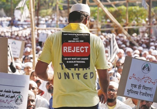 Muslims attend a rally against a proposed Uniform Civil Code and to demand a reservation quota in colleges and in government jobs, in Mumbai yesterday.