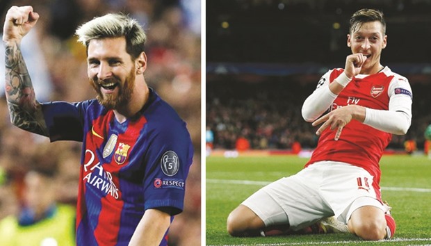 Barcelonau2019s forward Lionel Messi celebrates a goal during the UEFA Champions League match against Manchester City at the Camp Nou stadium in Barcelona.  (Right) Arsenalu2019s Mesut Ozil celebrates scoring their fifth goal against PFC Ludogorets Razgrad in their Champions Trophy match in London.