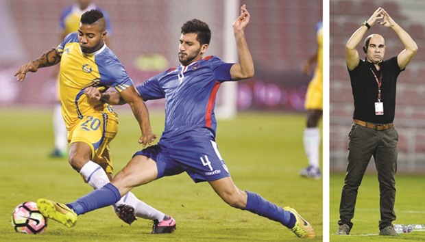 Al Gharafau2019s Johnson Kendrick (No 20) vying for the ball with Shahaniau2019s Mohamed Bader Sayyar during their QSL match yesterday.   (Right photo) Al Shahania coach Jose Fernando gestures during match against Gharafa. PICTURES: Noushad Thekkayil