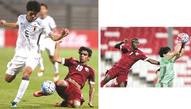 Japanu2019s Tomiyasu Takehiro (left) vies for the ball with Qataru2019s Hassan Ahmad Palang during their match yesterday.  (Right photo) Qataru2019s Abdulrasheed Umaru (left) sees his shot at goal saved by Japanese goalkeeper Kojima Ryosuke during their AFC U-19 Championship match in Riffa, Bahrain, yesterday. PICTURES: Fadi al-Assaad