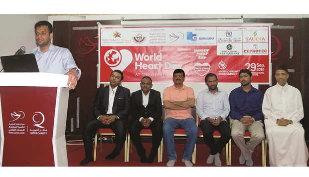 STRAIGHT FROM THE HEART: Dr Anees Tajhudheen speaking at the event jointly organised by Friends Cultural Centre (FCC) and Mediaplus on the occasion of World Heart Day last week.