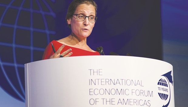 Chrystia Freeland, Canadau2019s minister of international trade, speaks during the International Economic Forum Of The Americas conference in Toronto on September 12. The barb from an emotional Freeland yesterday fed into warnings by EU leaders that the 28-nation bloc may now never be able to land any other deals including one with the United States.