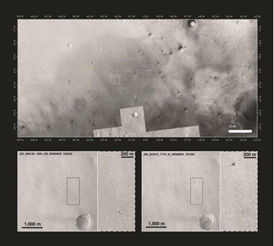 This handout picture released yesterday by the ESA shows the landing site of the Schiaparelli module within the predicted landing ellipse in a mosaic of images (up) and a pair of before-and-after images (down) from the Context Camera (CTX) on Nasau2019s Mars Reconnaissance Orbiter and the Thermal Emission Imaging System (THEMIS) on Nasau2019s 2001 Mars Odyssey orbiter. The tiny European craft dispatched to Mars for a trial touchdown u2018crashedu2019 into pieces on the Red Planetu2019s surface.