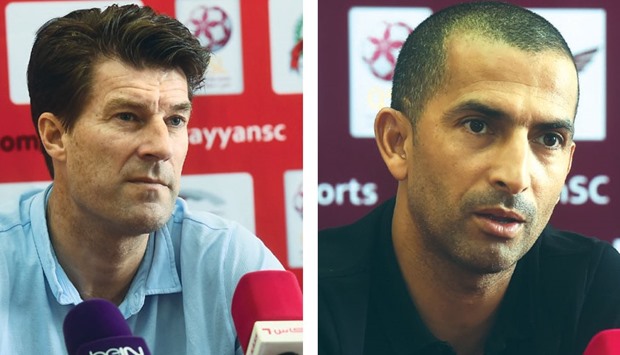 Al Rayyan coach Michael Laudrup (left) and El Jaish coach Sabri Lamouchi during the pre-match press conference. Pics: Nasar TK