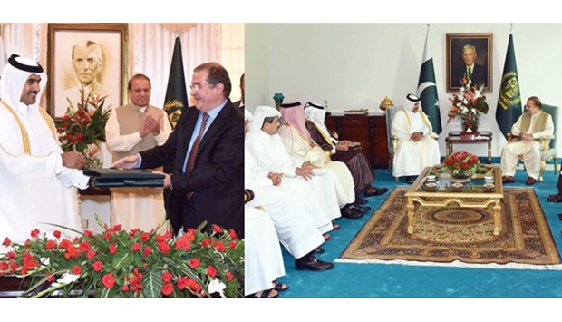 Prime Minister Nawaz Sharif witnesses the exchange of documents after the signing of the 20-year liquefied natural gas sale and purchase agreement between Qatargas and Pakistan-based Global Energy Infrastructure Limited. The agreement was signed on behalf of Qatargas by its chairman Saad Sherida al-Kaabi. Al-Kaabi leads Qataru2019s high-level delegation in talks with Pakistan Prime Minister Mohamed Nawaz Sharif and other senior officials.