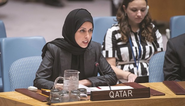 HE Sheikha Alya Ahmed bin Saif al-Thani addressing the UN meeting.