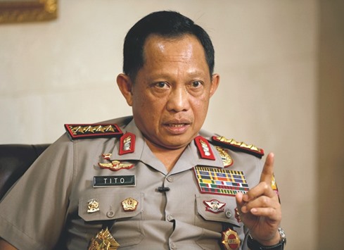 Indonesiau2019s National Police chief General Tito Karnavian gestures during an interview at the police headquarters in Jakarta.