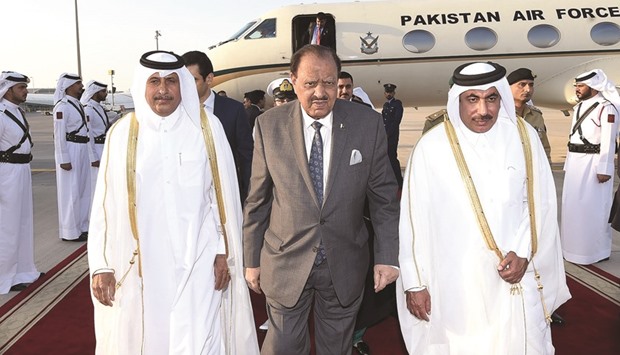 Pakistanu2019s President Mamnoon Hussain arrived in Doha yesterday on an official visit. He was received at Hamad International Airport by HE the Minister of Transport and Communications Jassim Seif Ahmed al-Sulaiti. Qataru2019s ambassador to Pakistan, Saqer Mubarak al-Mansouri, and Pakistanu2019a ambassador to Qatar, Shahzad Ahmed, were also present on the occasion.