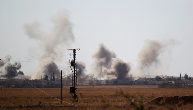 Smoke rises after strikes on Syria Democratic Forces (SDF) controlled Tell Rifaat town, northern Aleppo province, Syria.