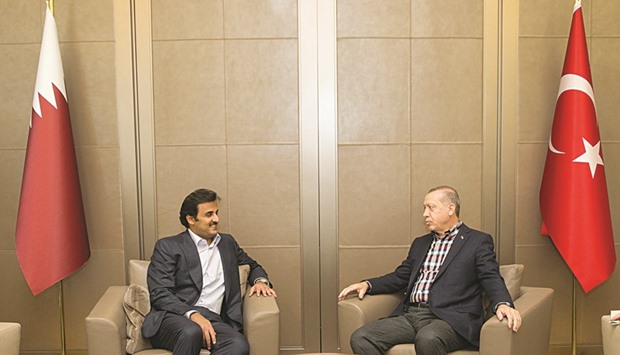 HH the Emir Sheikh Tamim bin Hamad al-Thani holding talks with President of Turkey Recep Tayyip Erdogan in Istanbul yesterday.