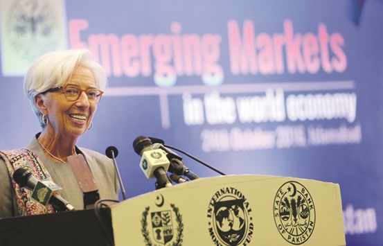 IMF Managing Director Christine Lagarde speaks during an emerging markets conference in Islamabad, Pakistan yesterday.
