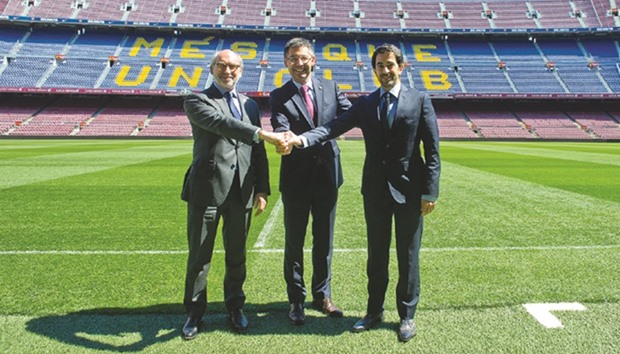 (From left) Gu00e9rard Bocquenet, director of Private Partnerships and Fundraising at Unicef, Josep Maria Bartomeu, president of FC Barcelona and Essa al-Mannai, executive director at Rota.