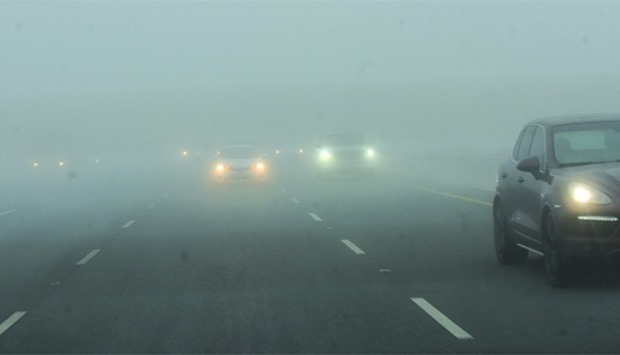 Cars make their way through Salwa Road amid dense fog. PICTURE: Shaji Kayamkulam