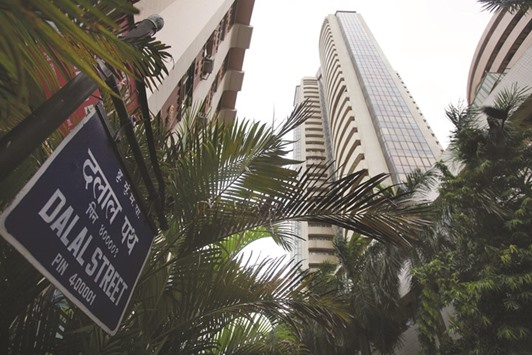 The Bombay Stock Exchange building is seen in Mumbai. The BSE Sensex closed down 87.66 points to 28,091.42 yesterday.
