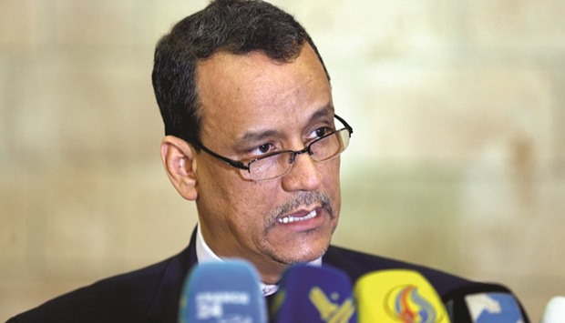 UN envoy for Yemen Ismail Ould Cheikh Ahmed speaks to reporters upon his departure at Sanaa airport following a two-day visit yesterday.