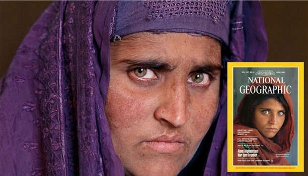 A recent photo of Sharbat Gula. Inset: The  1984 National Geographic magazine cover featuring Sharbat Gula.