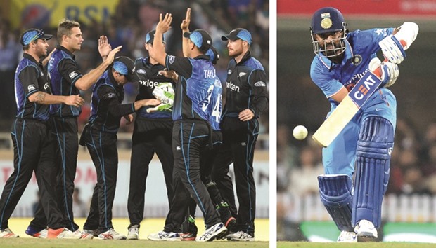 New Zealand bowler Tim Southee (second from left) celebrates with teammates after taking the wicket of Indiau2019s Rohit Sharma during the fourth ODI in Ranchi yesterday.  (Right photo) Indiau2019s Ajinkya Rahane scored 57. (AFP)