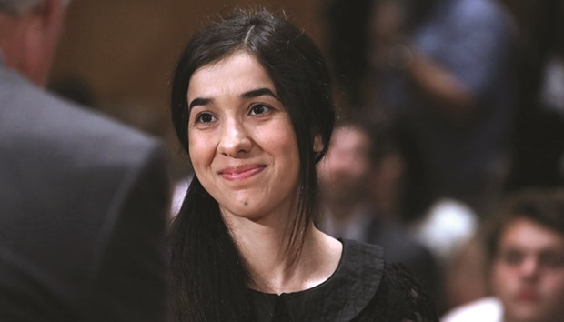 A June 21, 2016, file photo of Nadia Murad testifying during the US Senate Homeland Security and Governmental Affairs Committee hearing in Washington, DC.